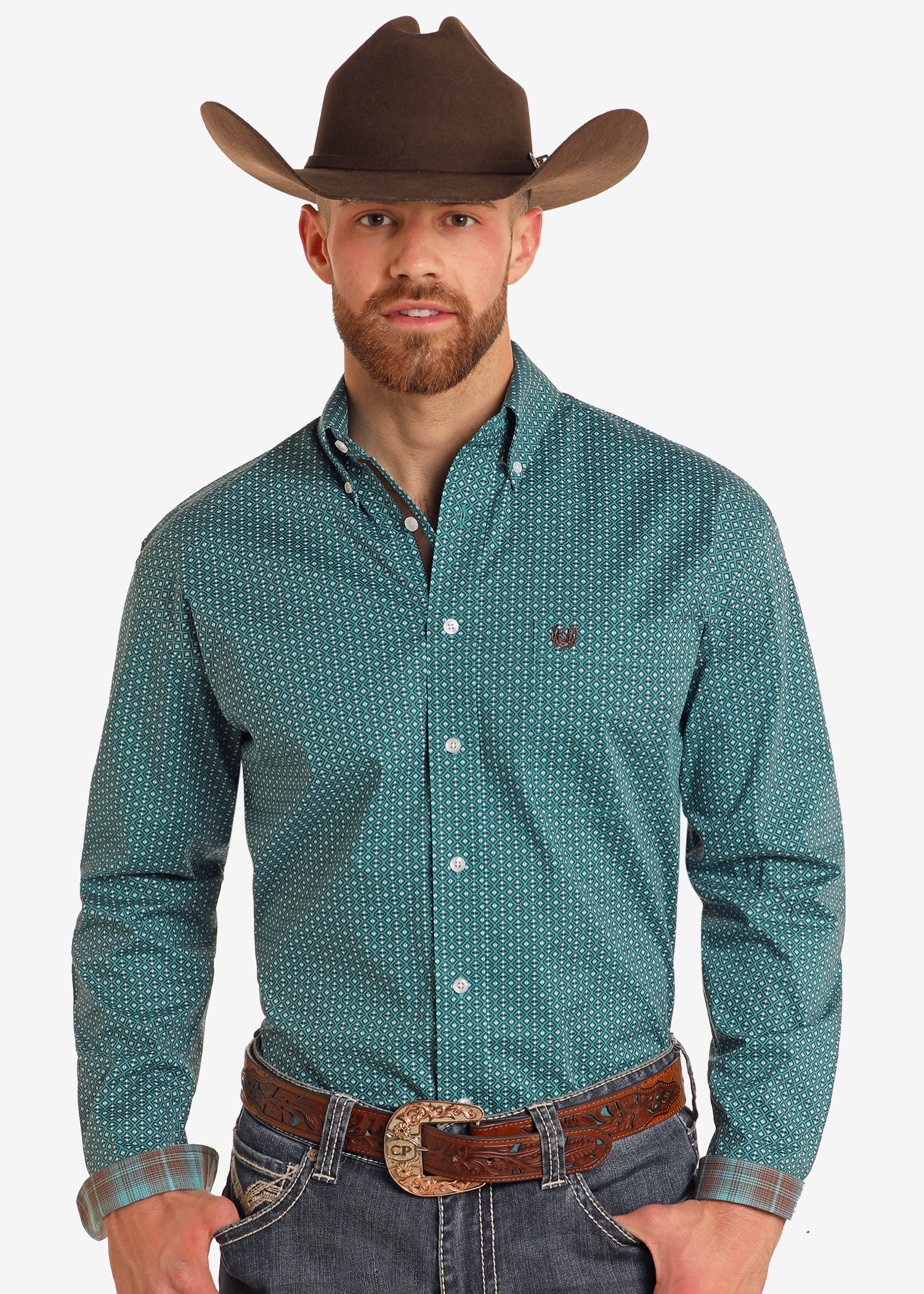 Rough Stock Turquoise Geo Print Long Sleeve Button Down Shirt