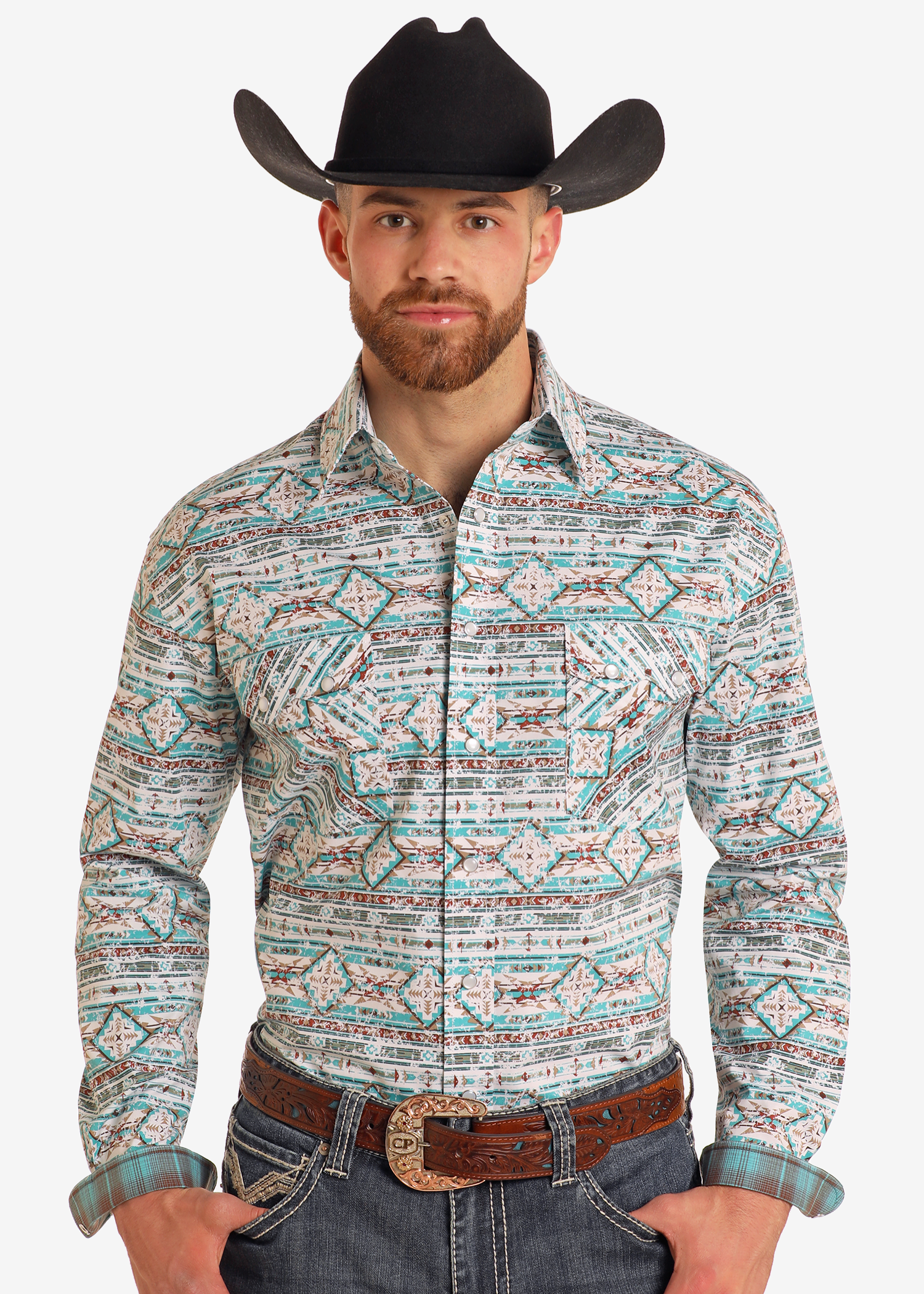 Rough Stock Turquoise Southwest Long Sleeve Snap Shirt