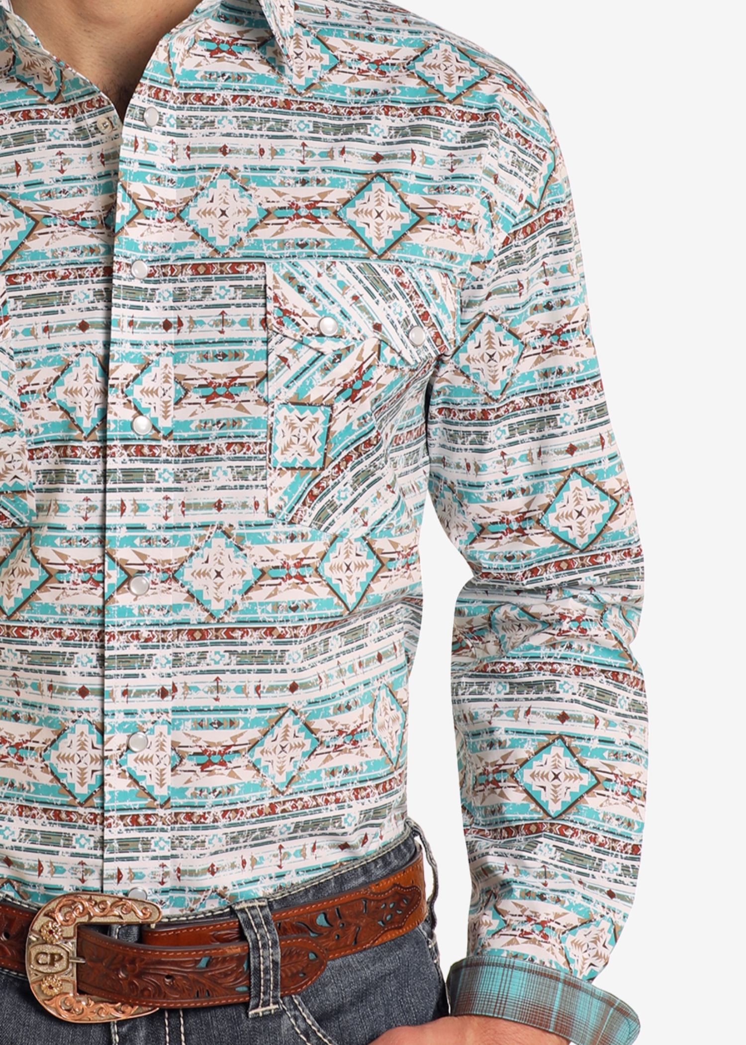 Rough Stock Turquoise Southwest Long Sleeve Snap Shirt