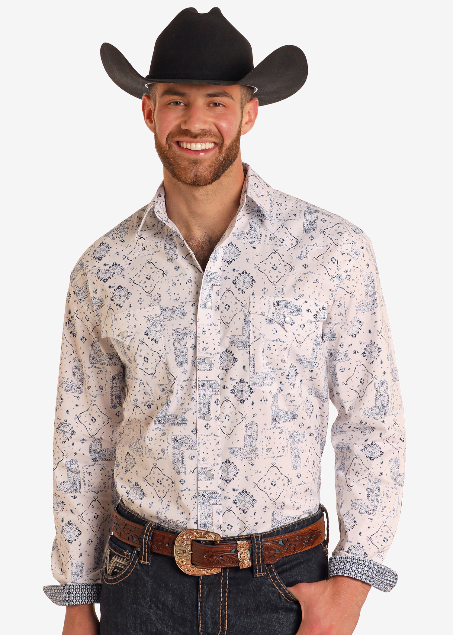 Rough Stock White Bandana Print Long Sleeve Snap Shirt