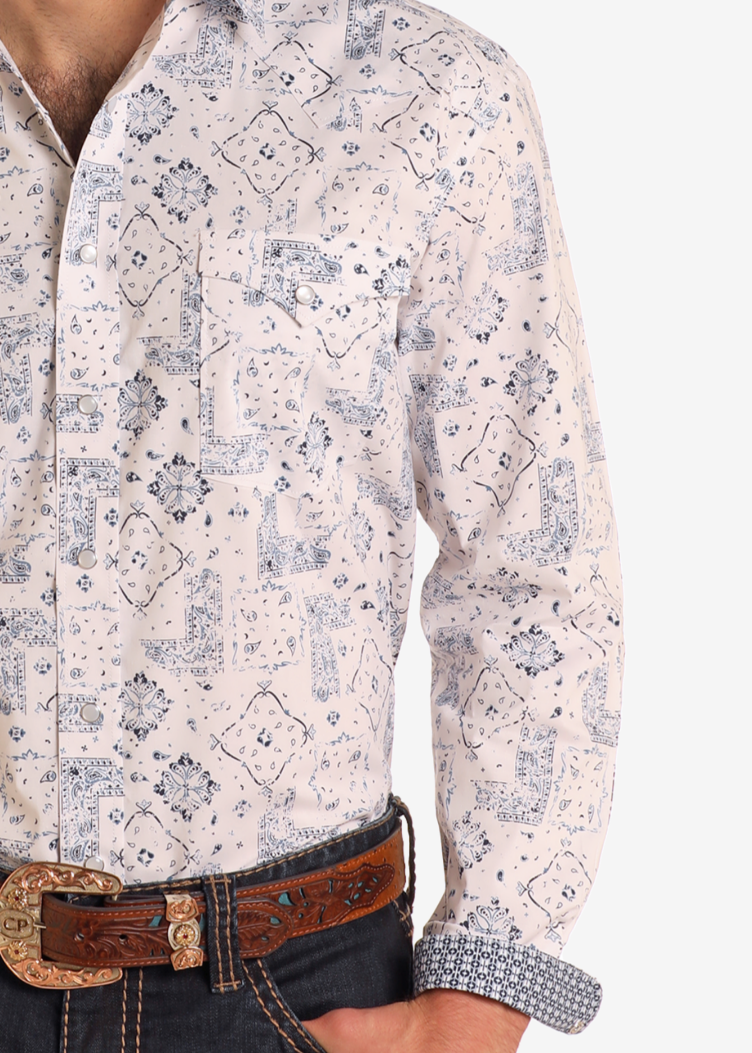 Rough Stock White Bandana Print Long Sleeve Snap Shirt