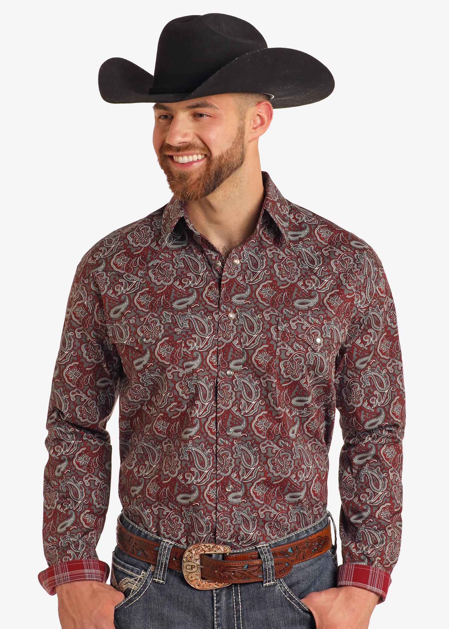 Rough Stock Maroon Paisley Long Sleeve Snap Shirt