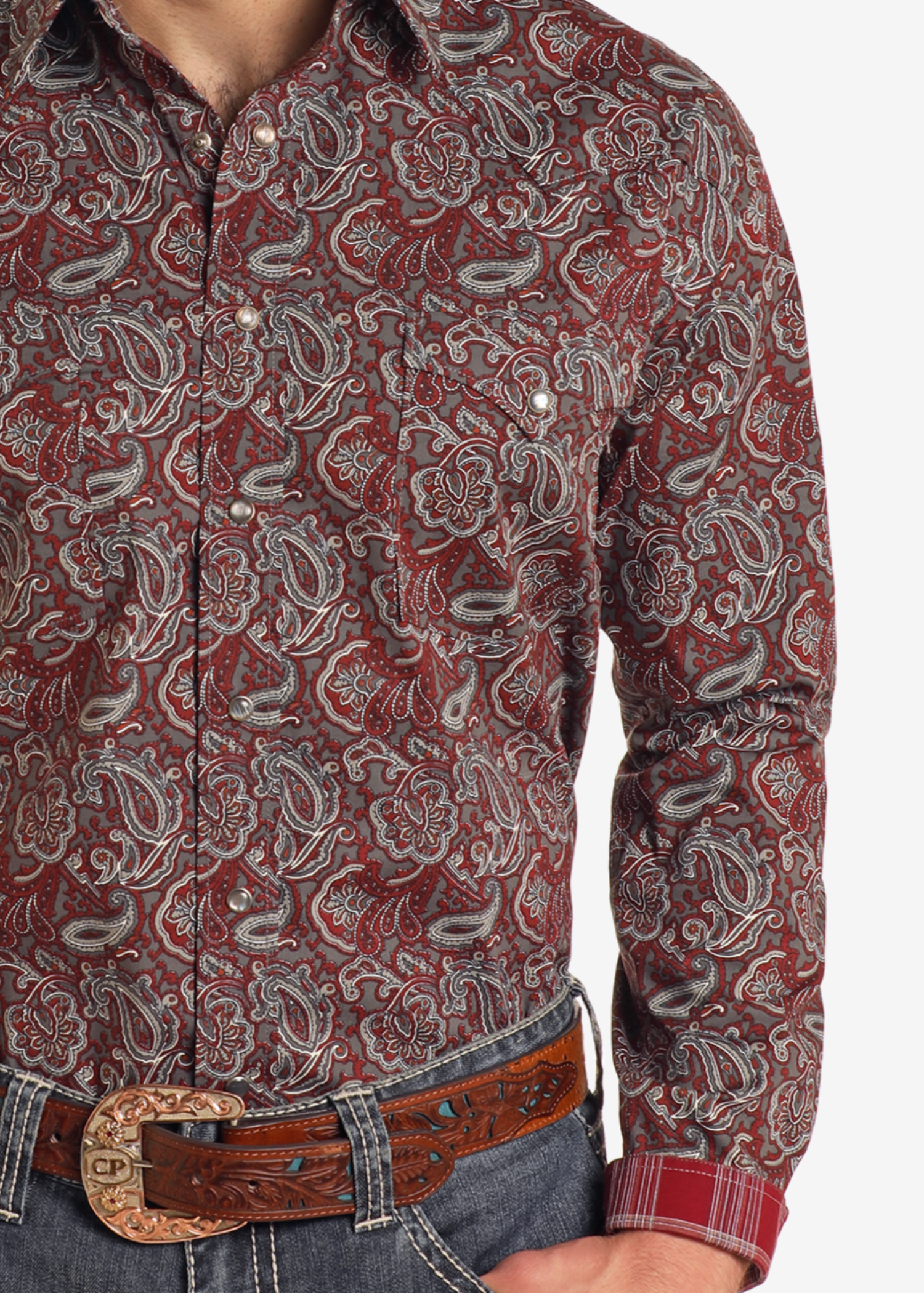 Rough Stock Maroon Paisley Long Sleeve Snap Shirt