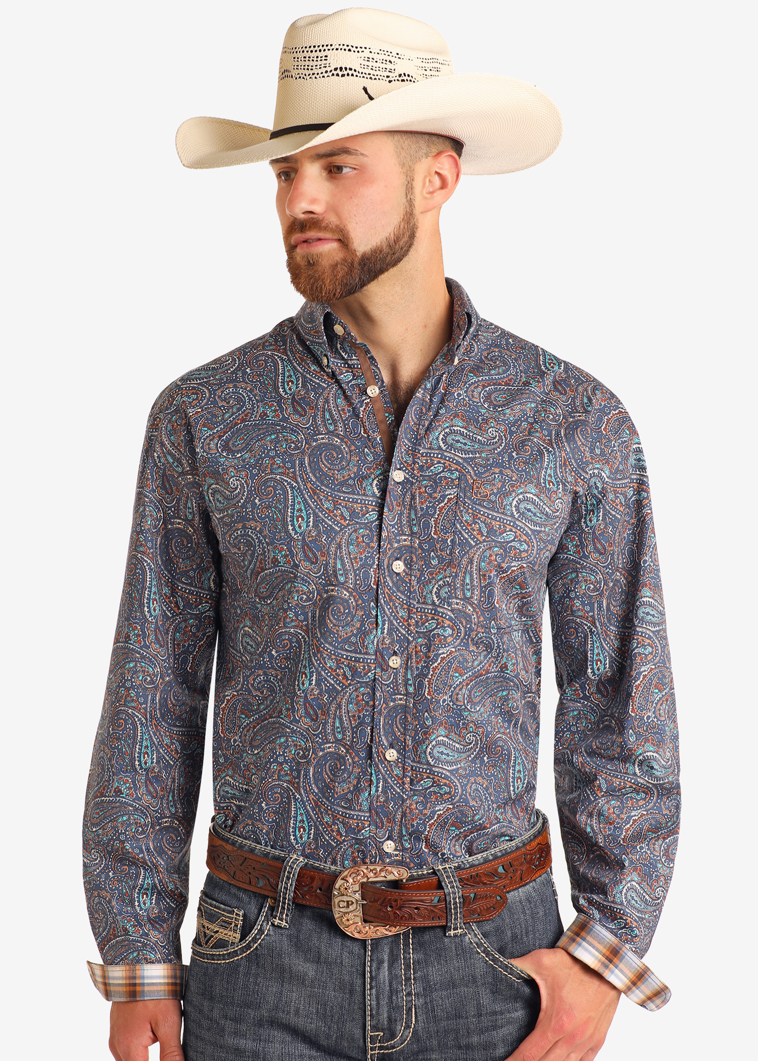 Rough Stock Blue Paisley Long Sleeve Button Down Shirt