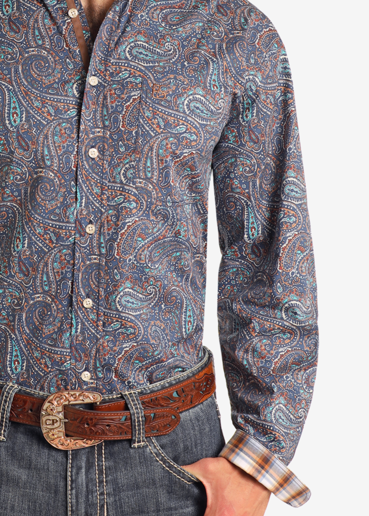 Rough Stock Blue Paisley Long Sleeve Button Down Shirt