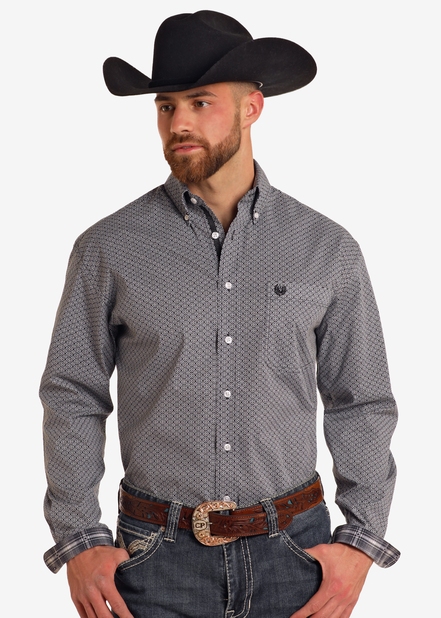 Rough Stock Grey Diamond Geo Long Sleeve Button Down Shirt