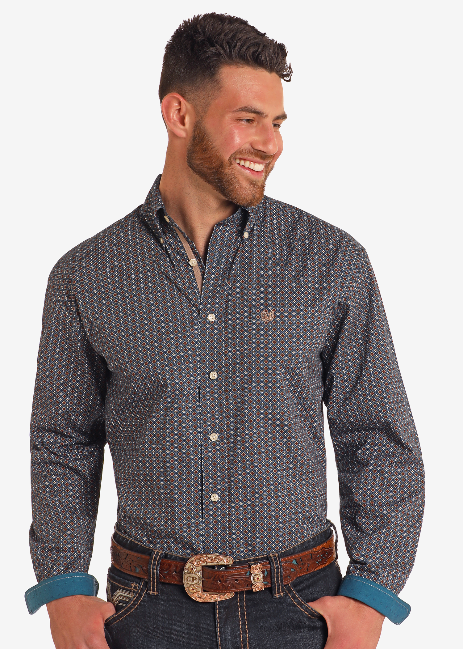 Rough Stock Blue Geo Long Sleeve Button Down Shirt