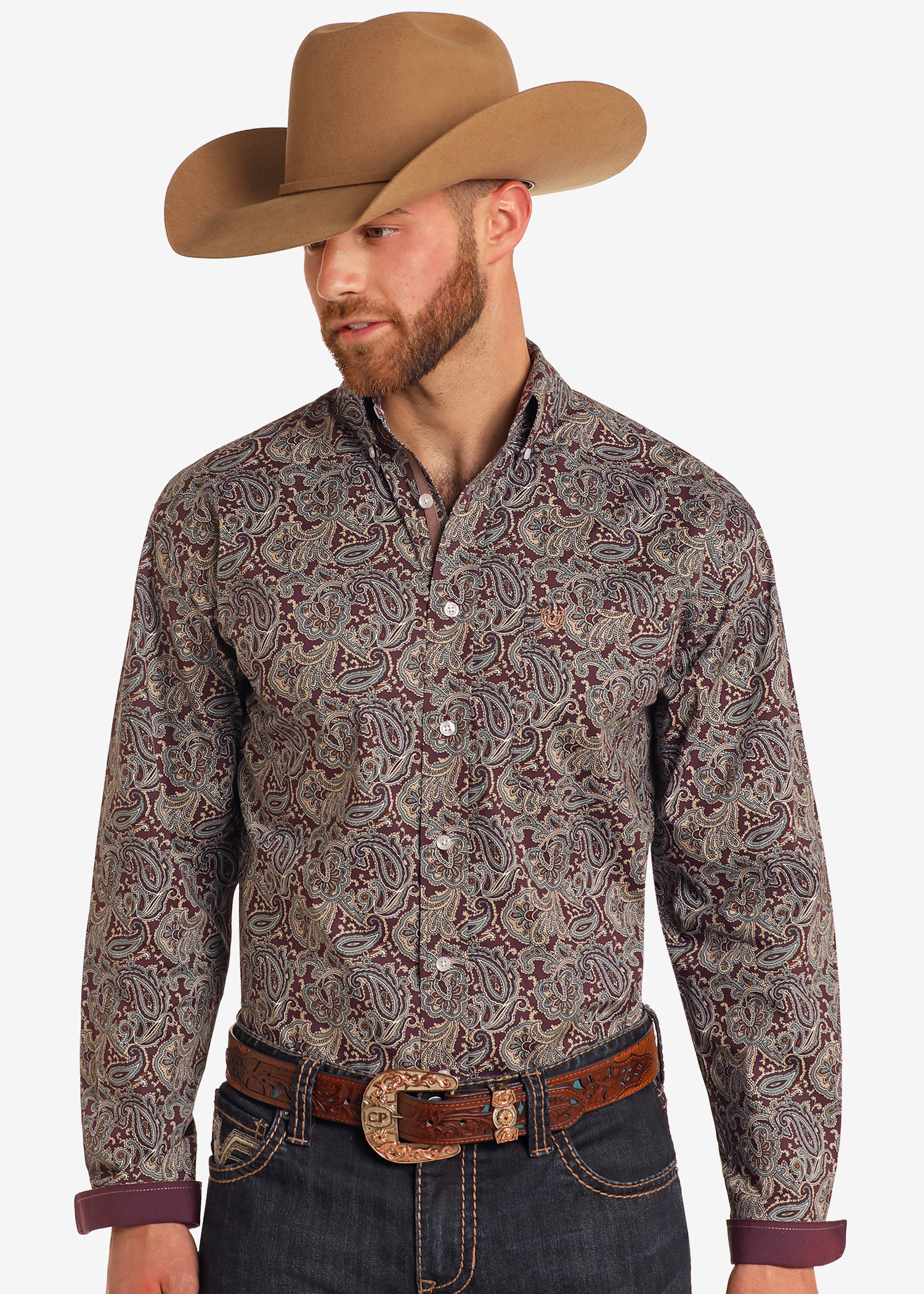 Rough Stock Purple Paisley Long Sleeve Button Down Shirt