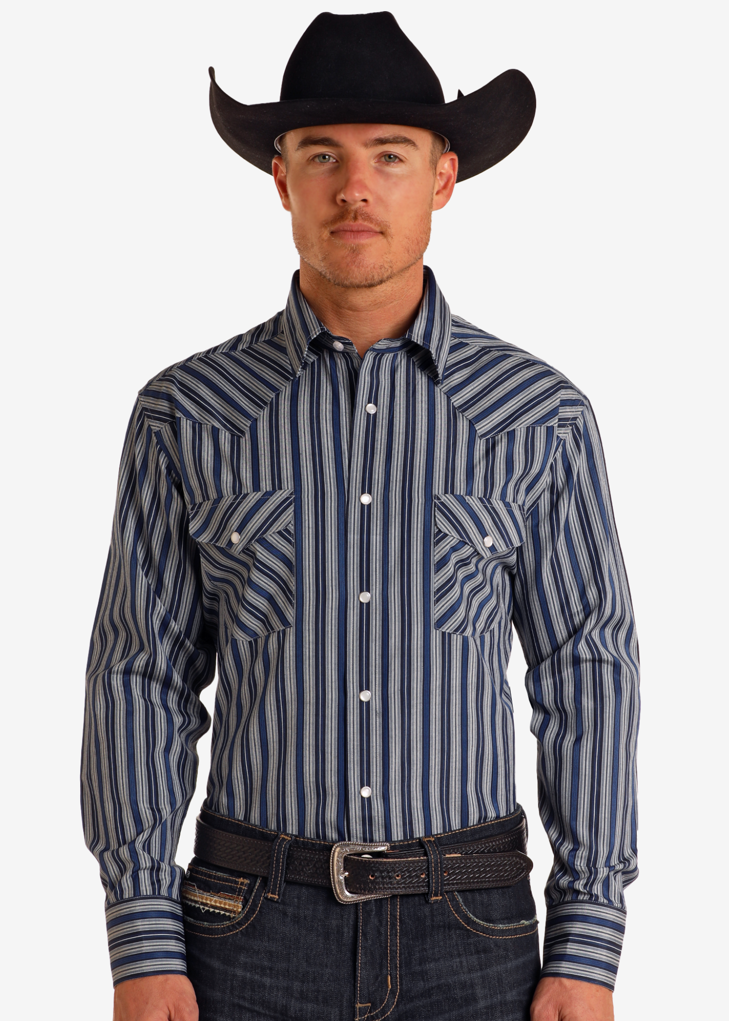 Blue Dobby Striped Long Sleeve Snap Shirt