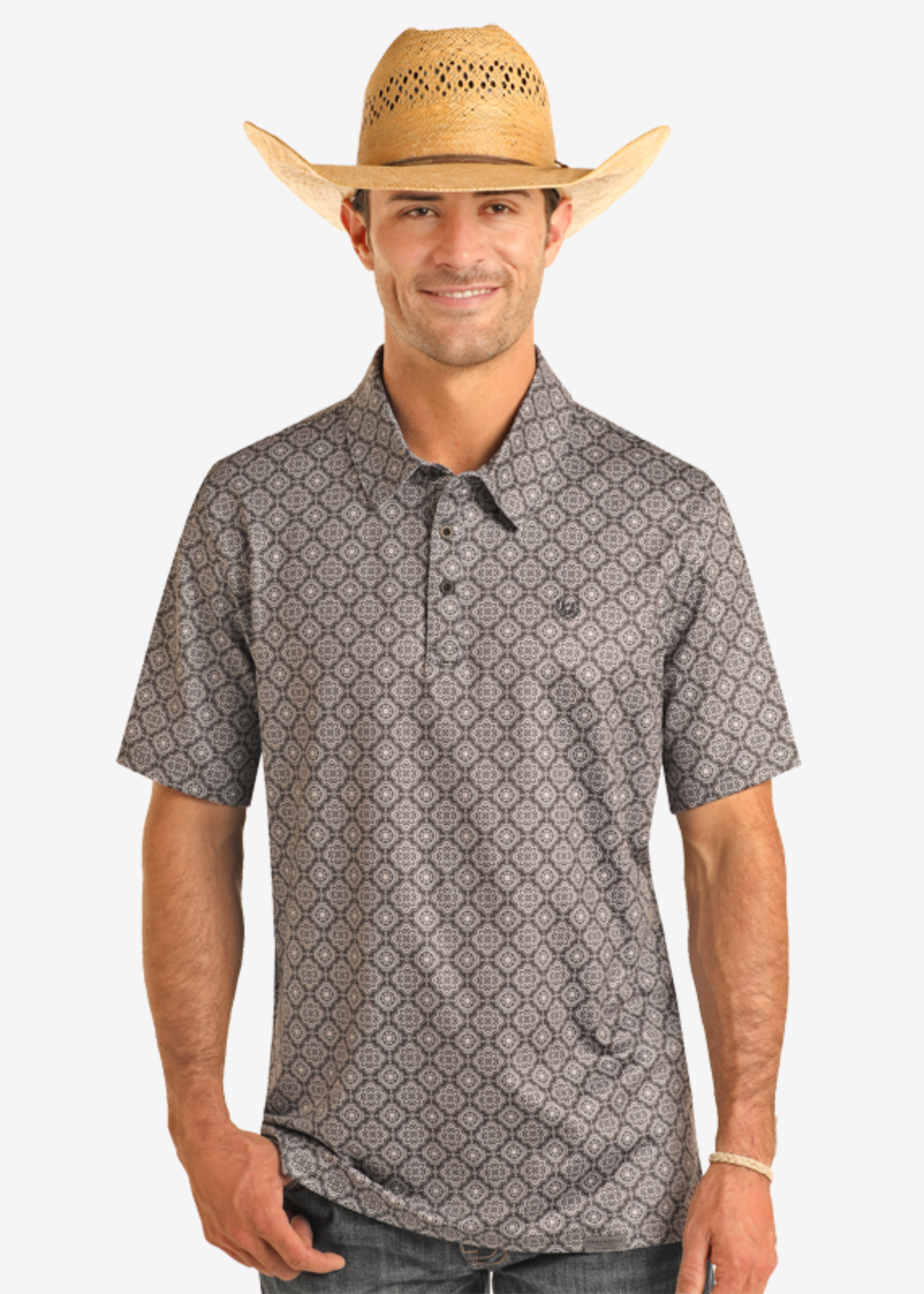 Black Medallion Print Performance Polo