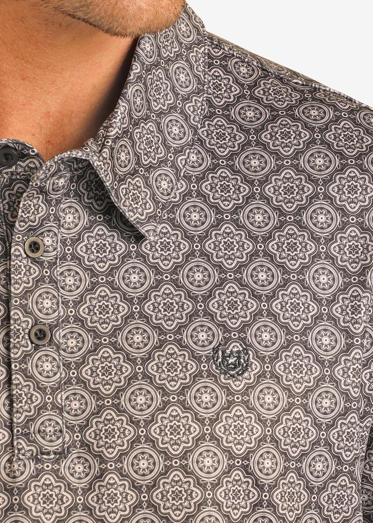 Black Medallion Print Performance Polo