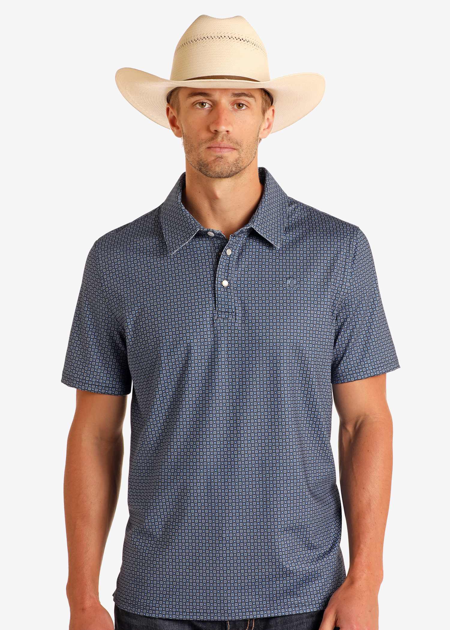 Blue Geo Print Performance Polo