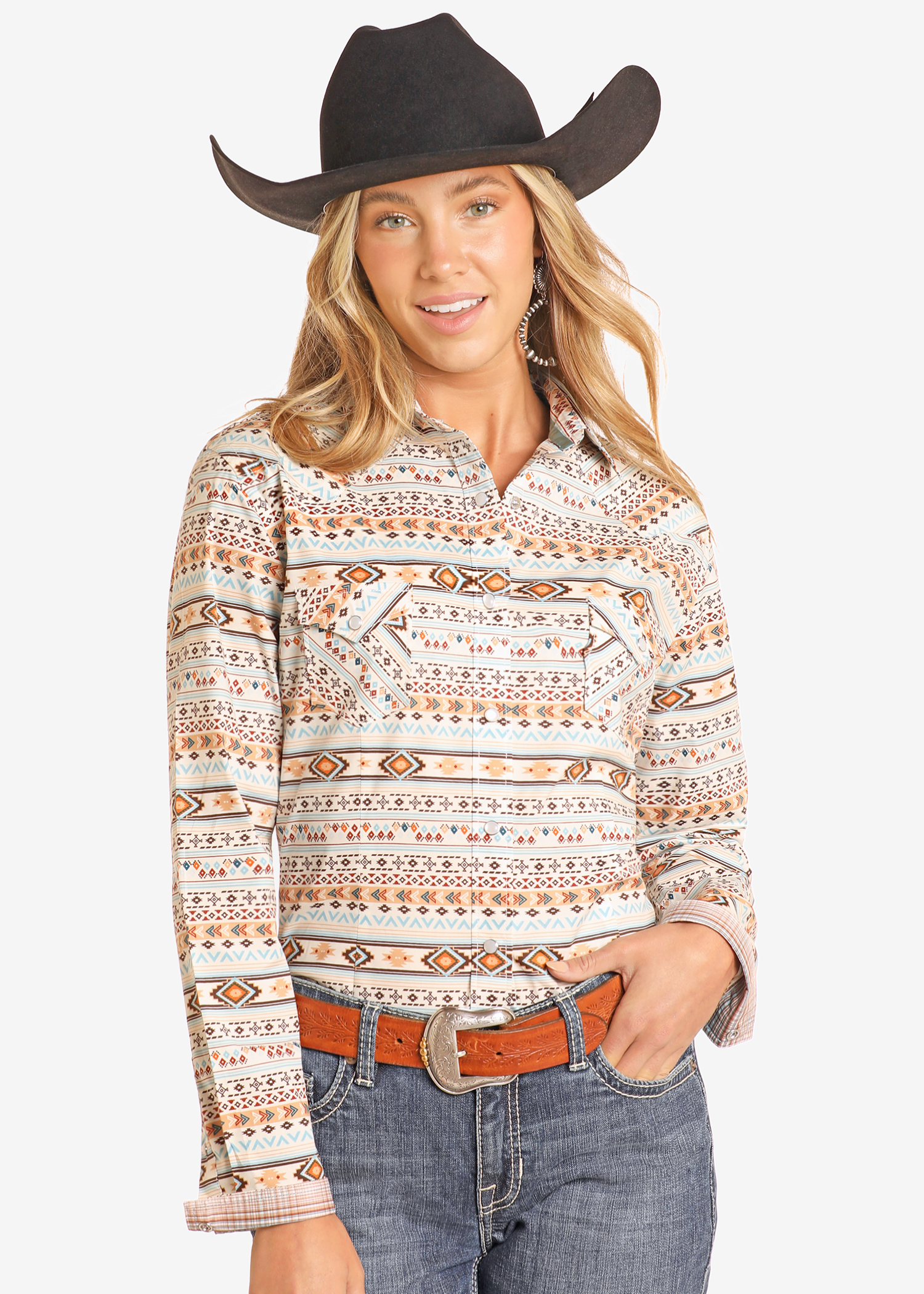 Rough Stock Southwestern Print Long Sleeve Snap Shirt