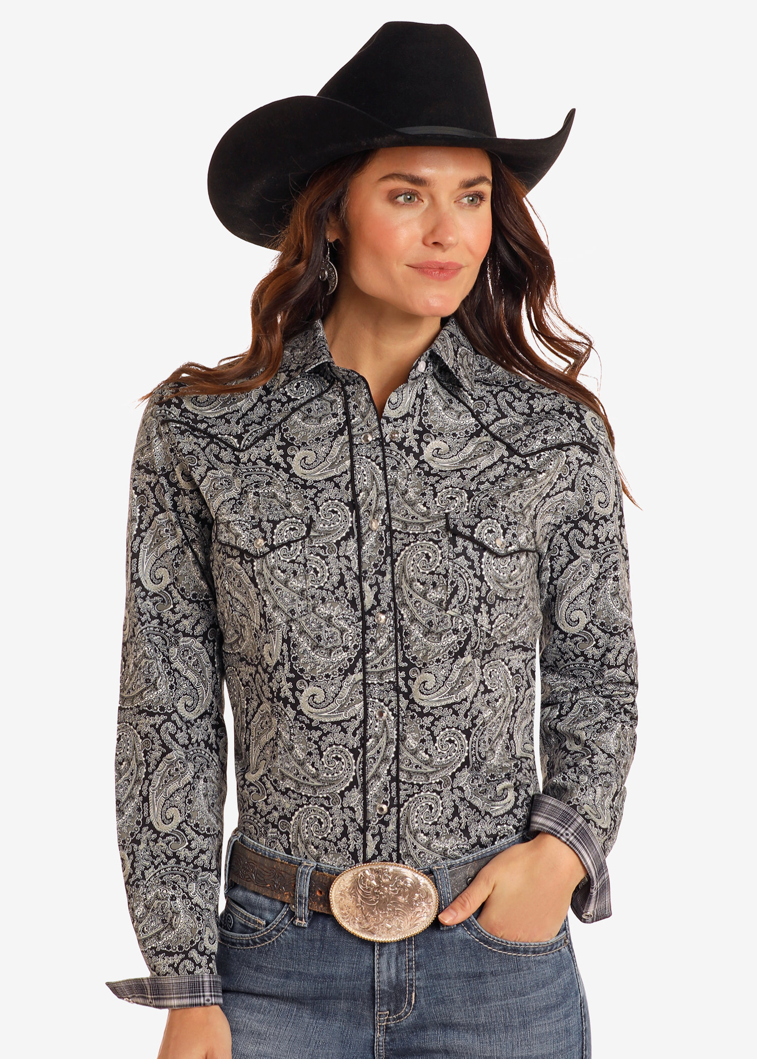 Rough Stock Black Paisley Long Sleeve Snap Shirt