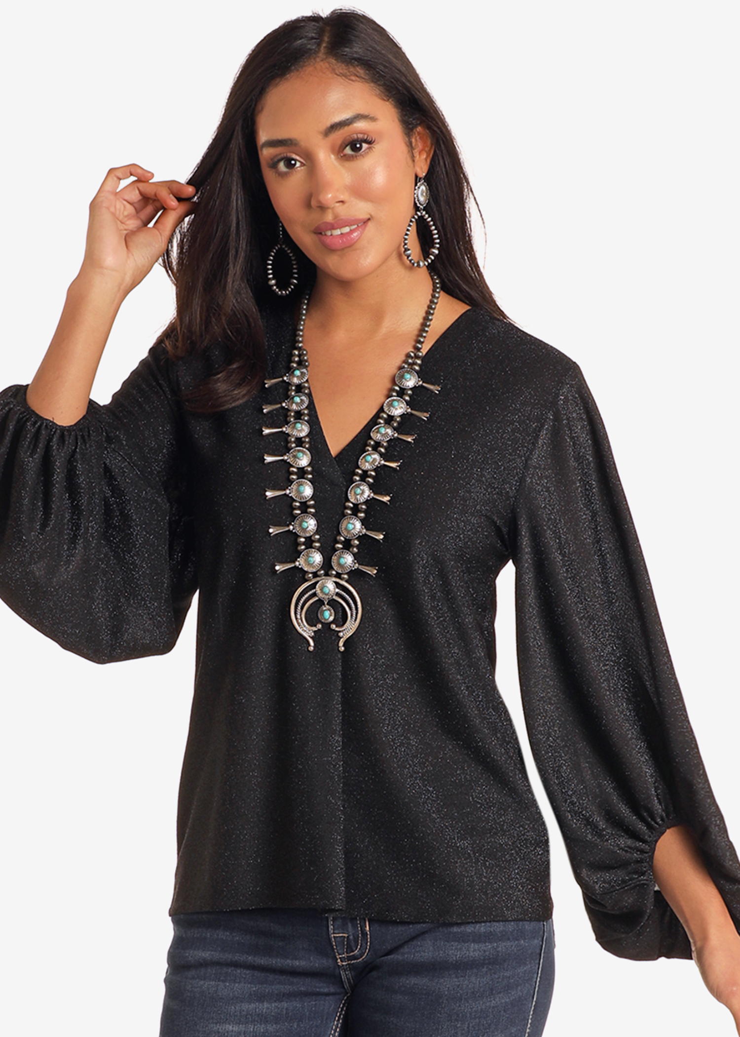 Black Lurex Balloon Sleeve Top - Extended Sizes