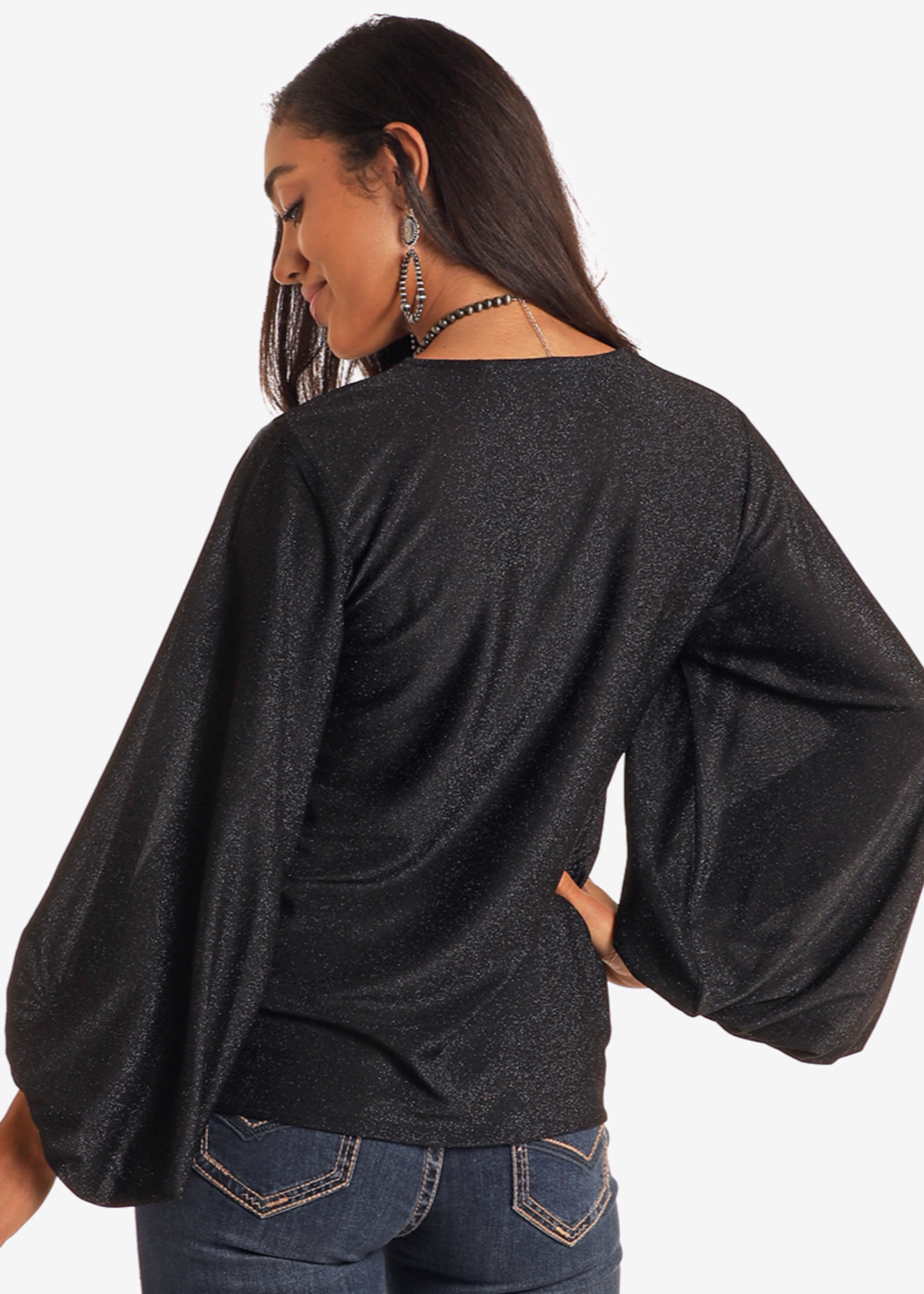 Black Lurex Balloon Sleeve Top - Extended Sizes