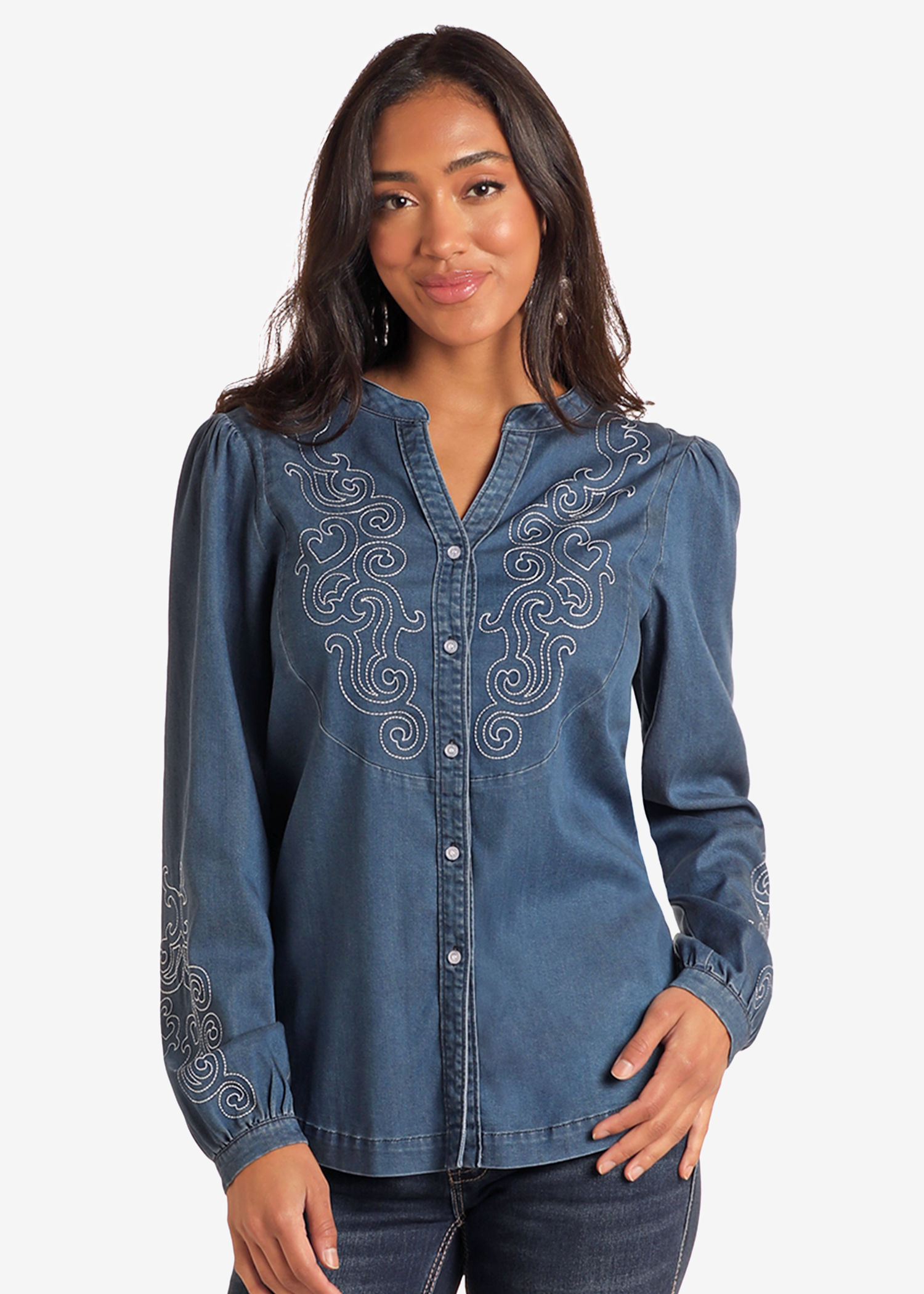 Embroidered Chambray Button-Up Blouse