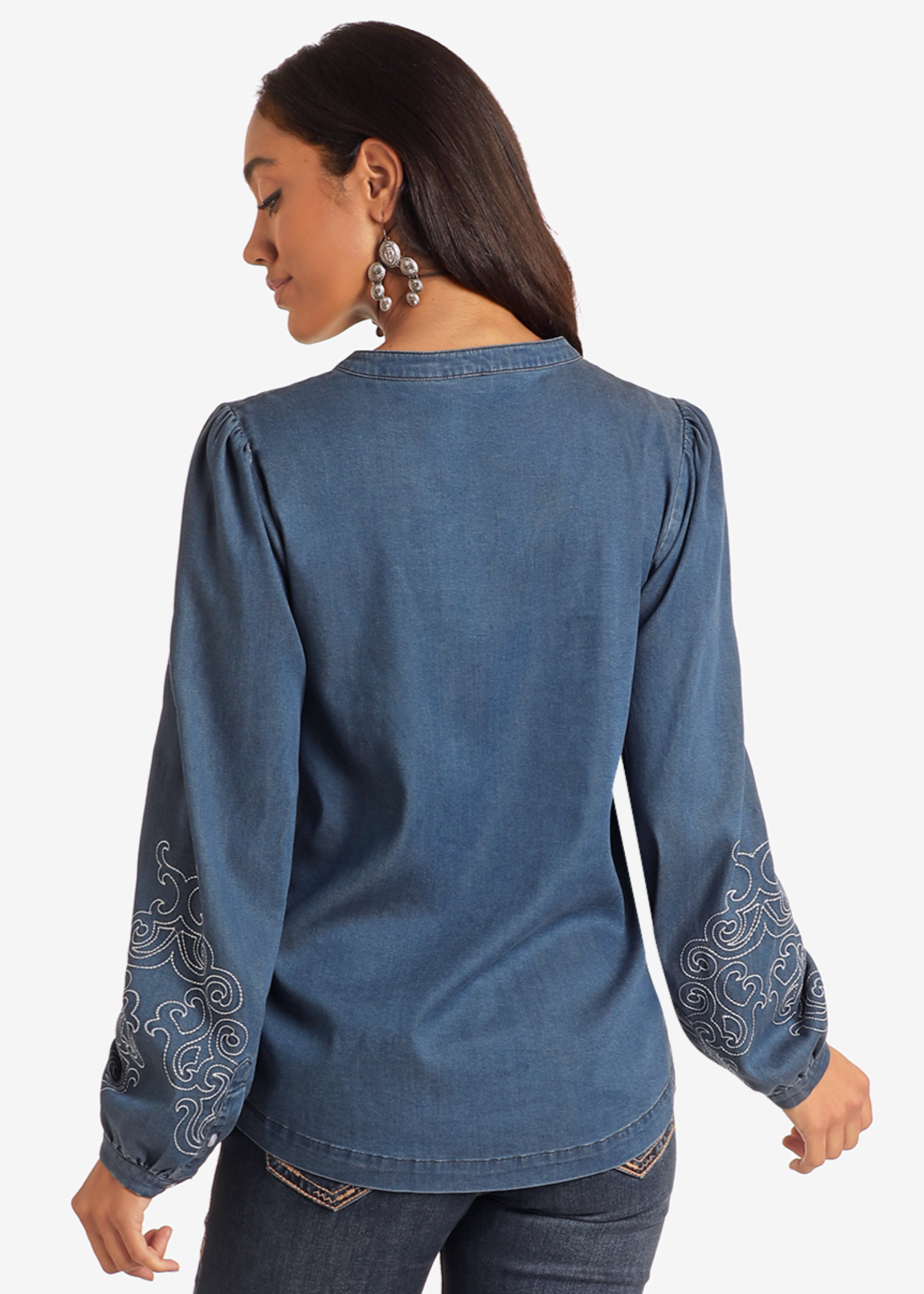 Embroidered Chambray Button-Up Blouse