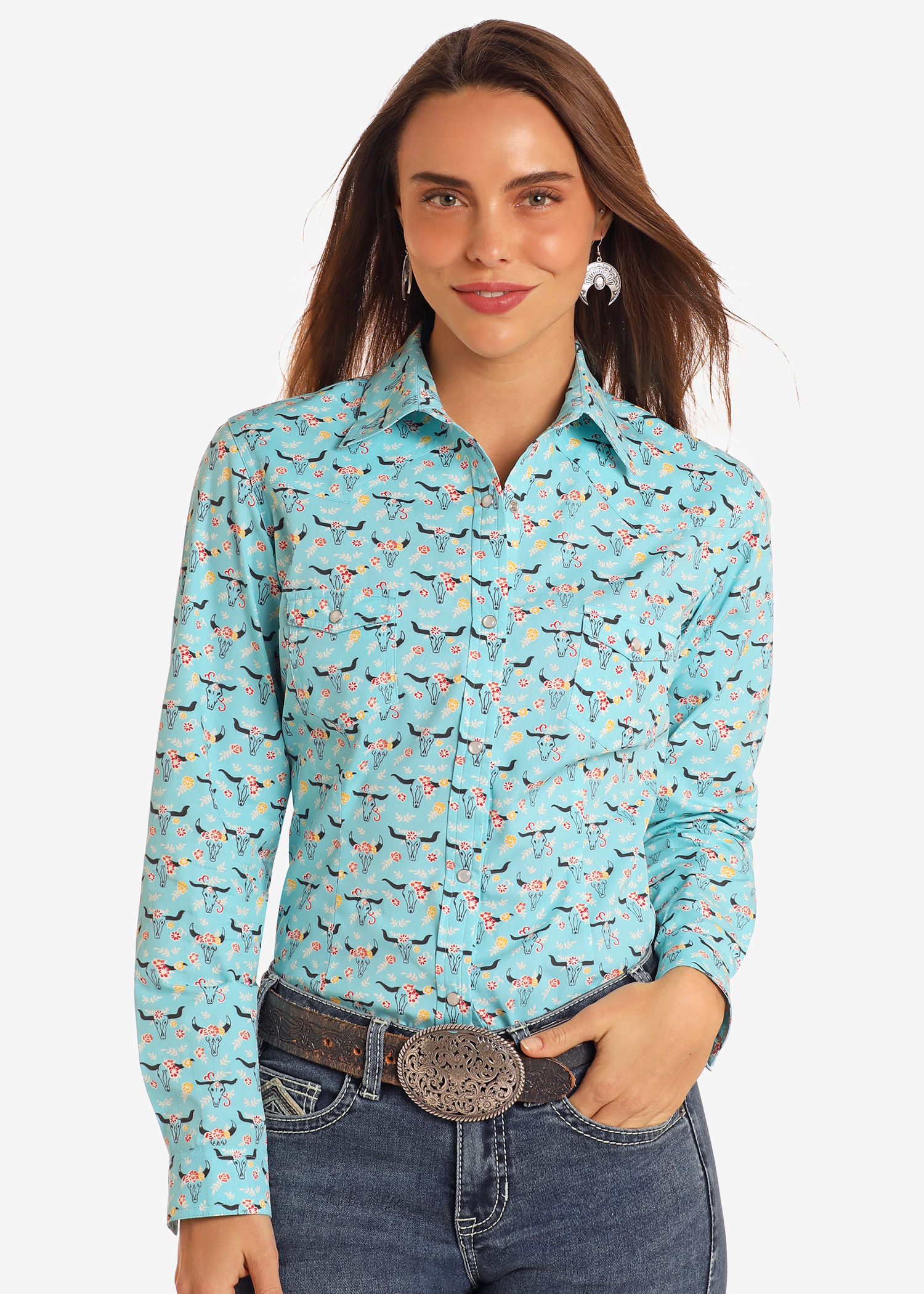 Steer Head Print Long Sleeve Snap Shirt