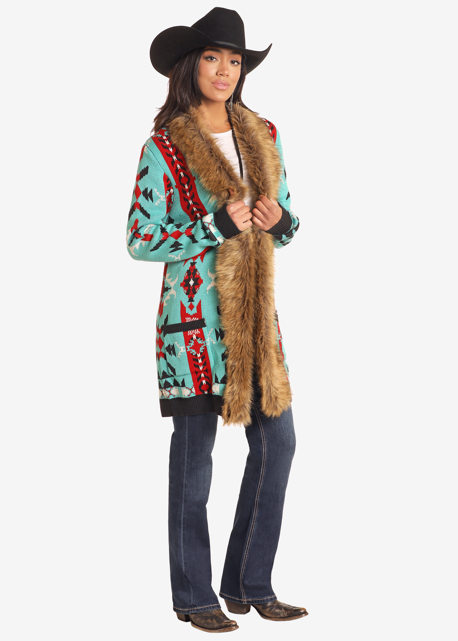 Aztec Fur Trim Cardigan