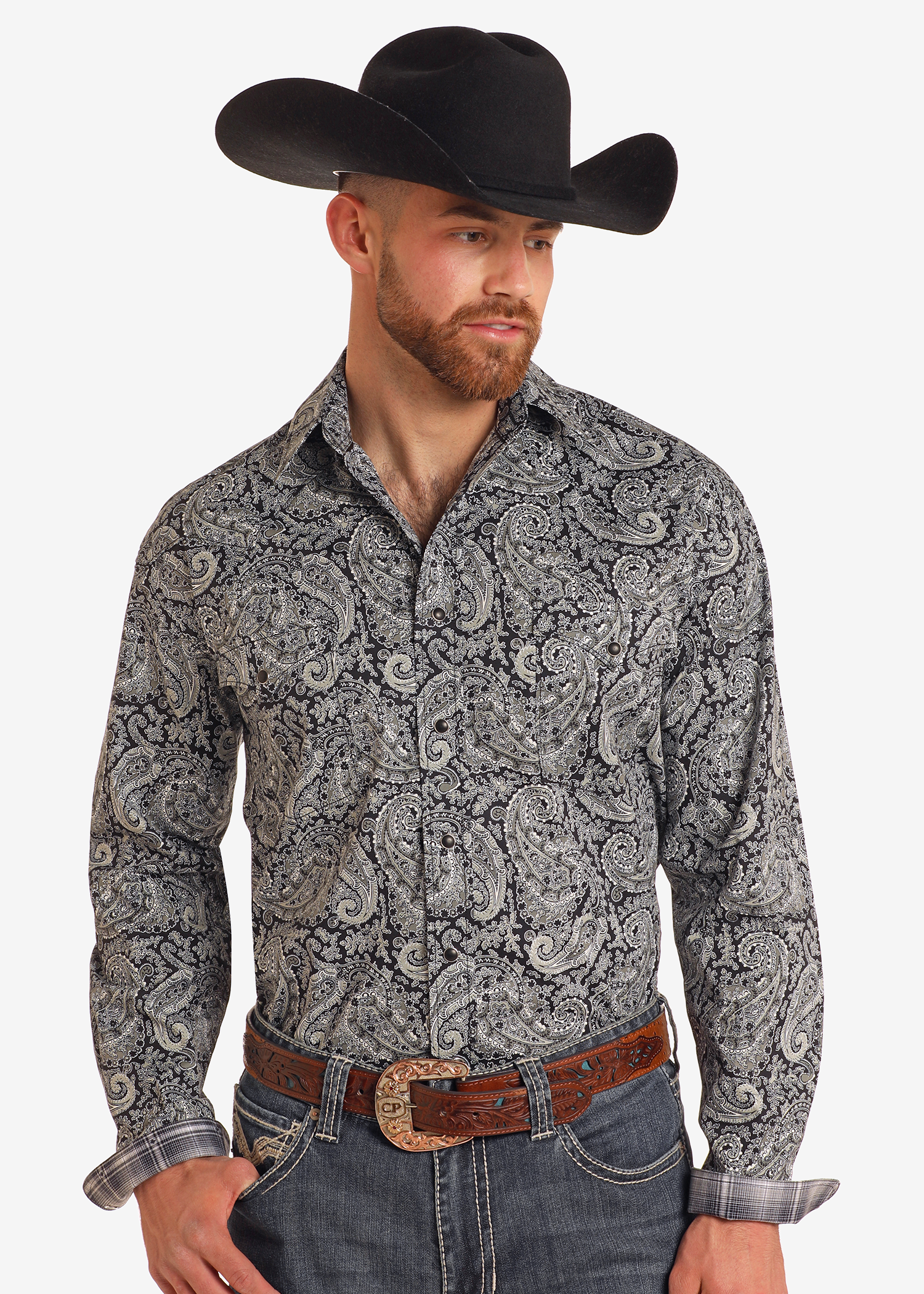 Rough Stock Black Paisley Long Sleeve Snap Shirt