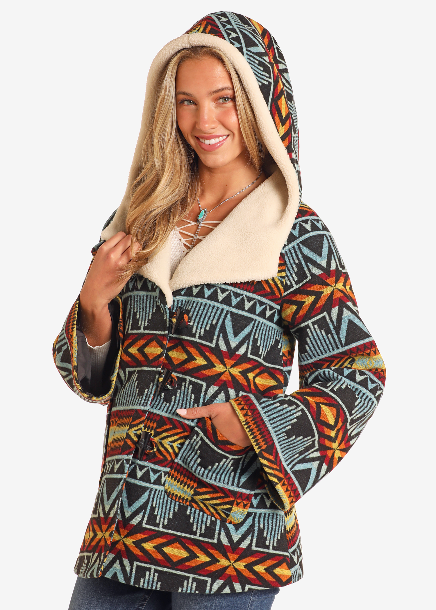 Aztec Jacquard Hooded Cropped Cape Coat