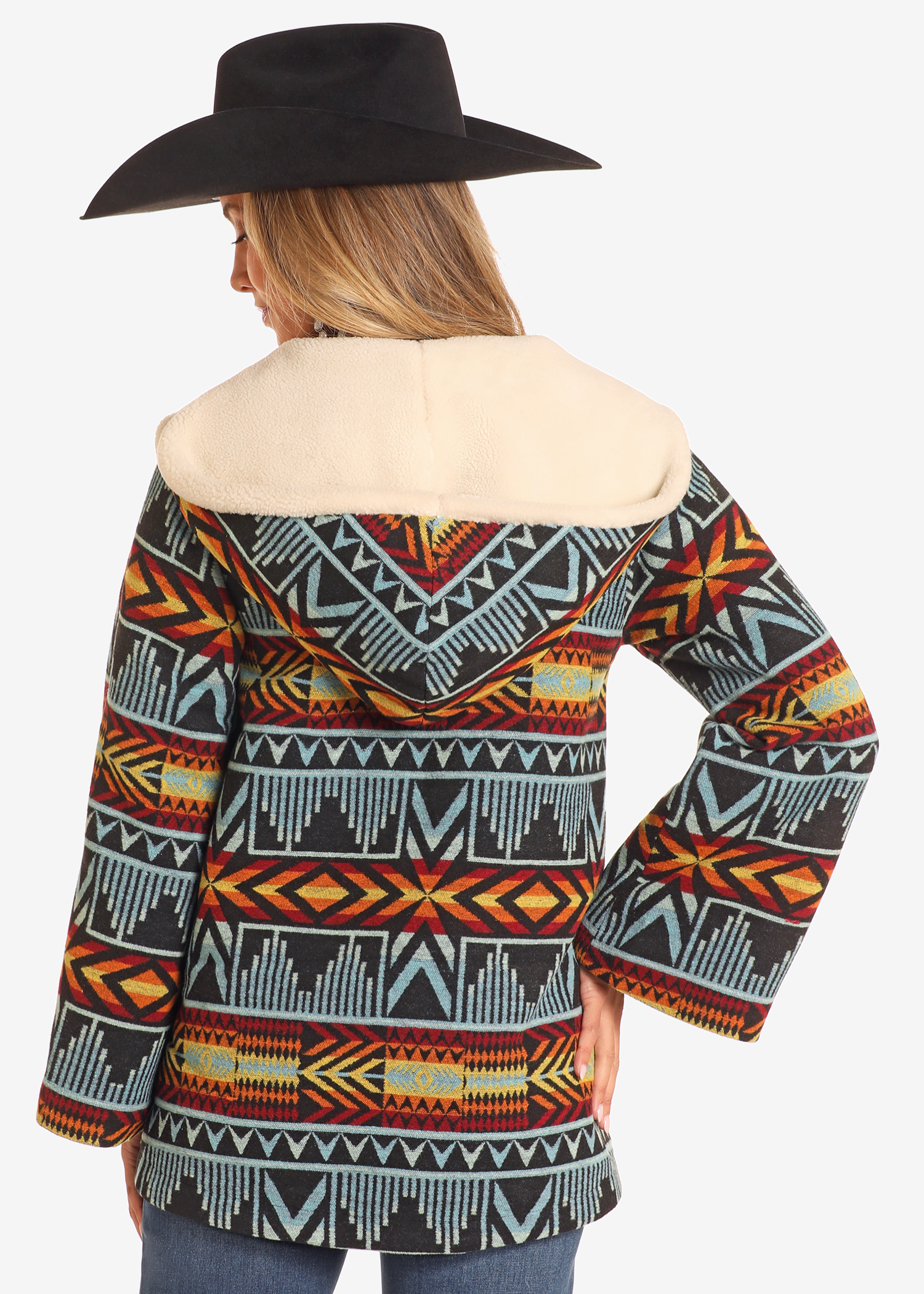 Aztec Jacquard Hooded Cropped Cape Coat