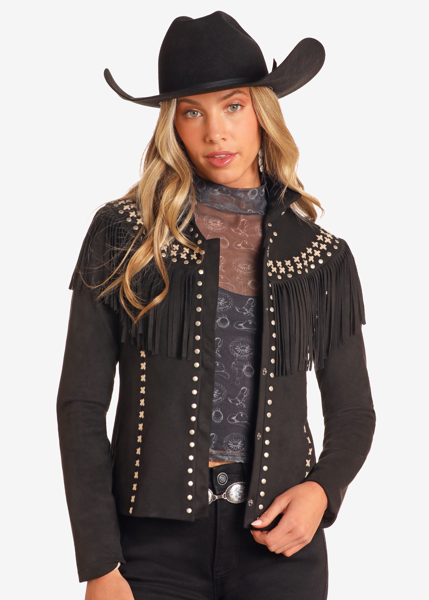 Studded Micro Suede Fringe Jacket - Black