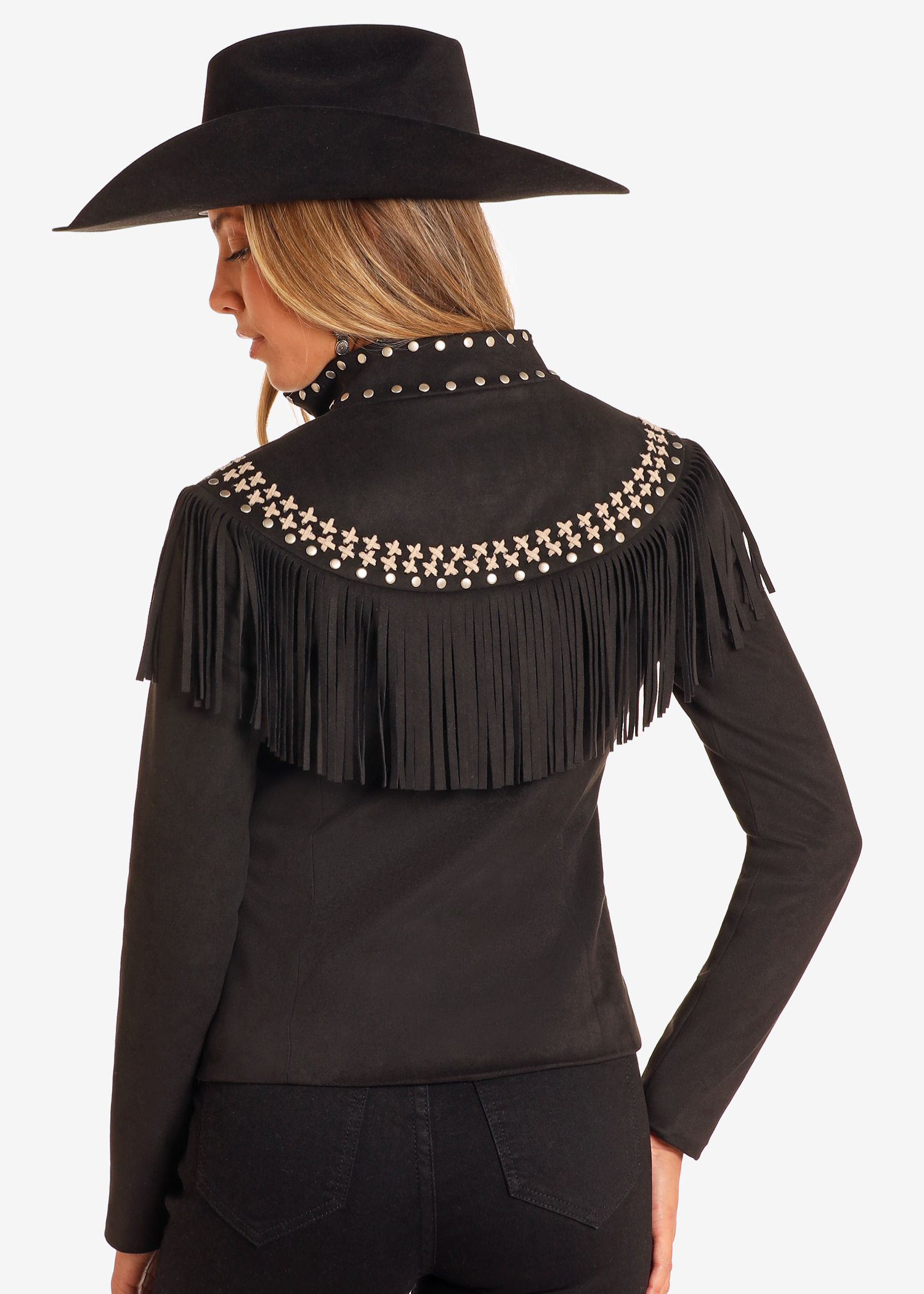 Studded Micro Suede Fringe Jacket - Black