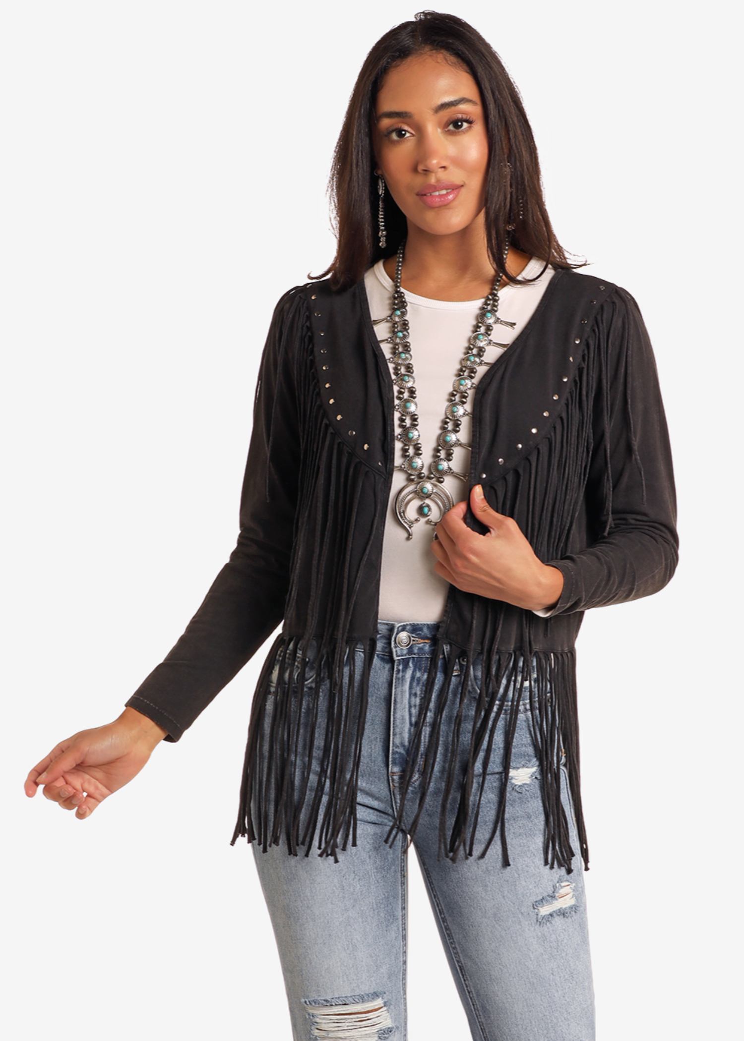 Black Studded Fringe Trim Cardigan