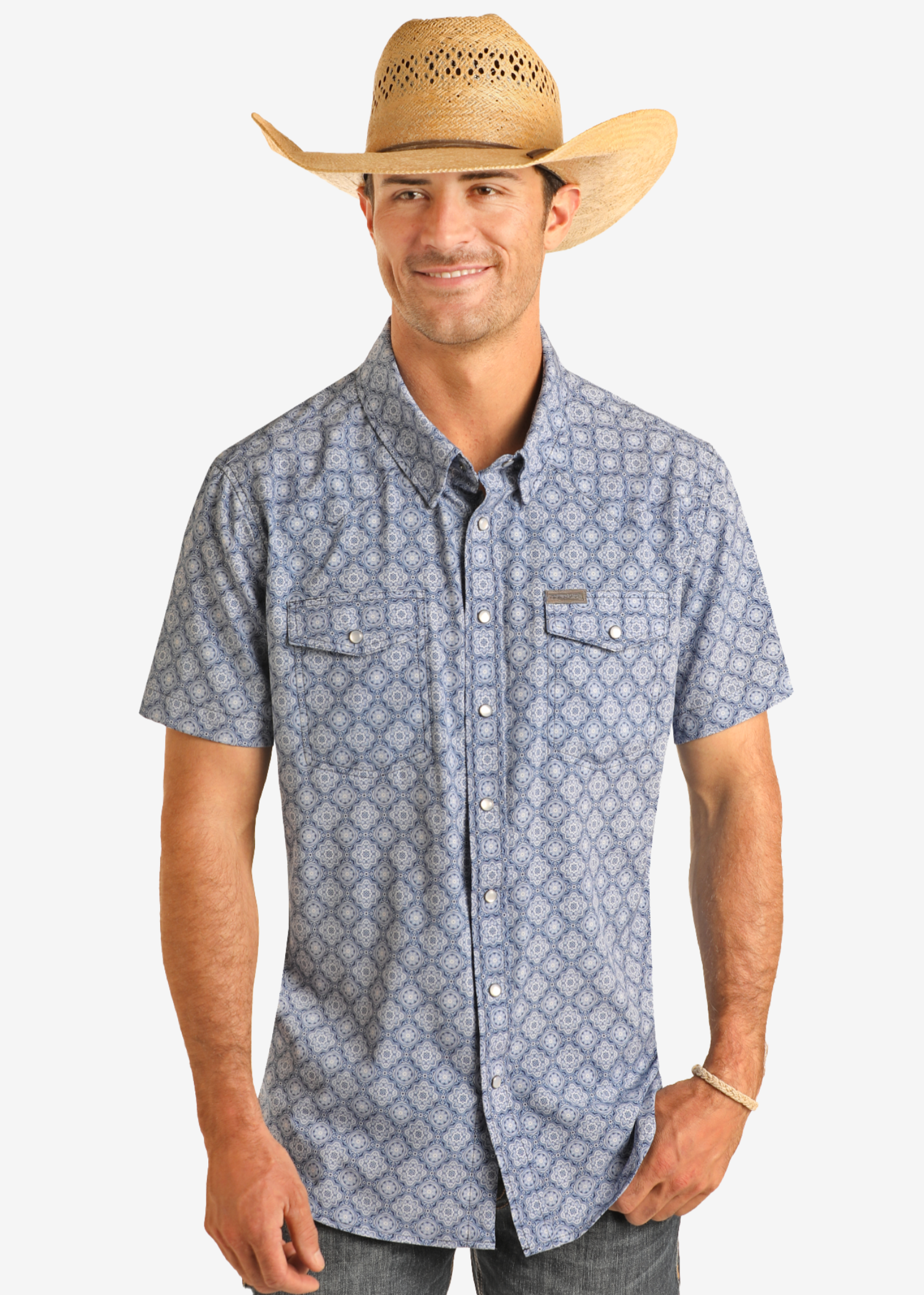 Medallion Print Short Sleeve Snap Performance Shirt