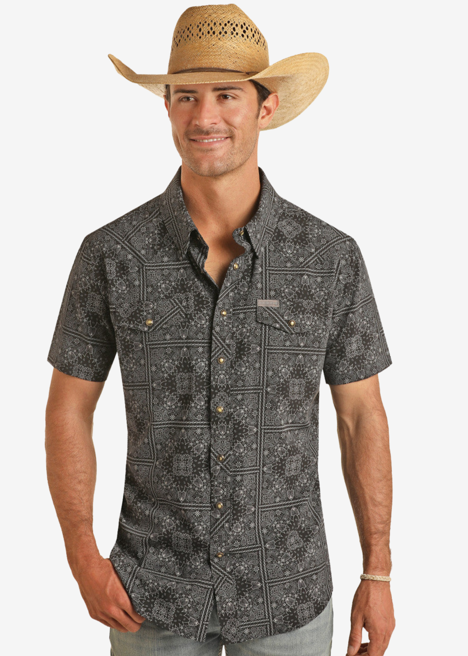 Aztec Design Short Sleeve Snap Performance Shirt