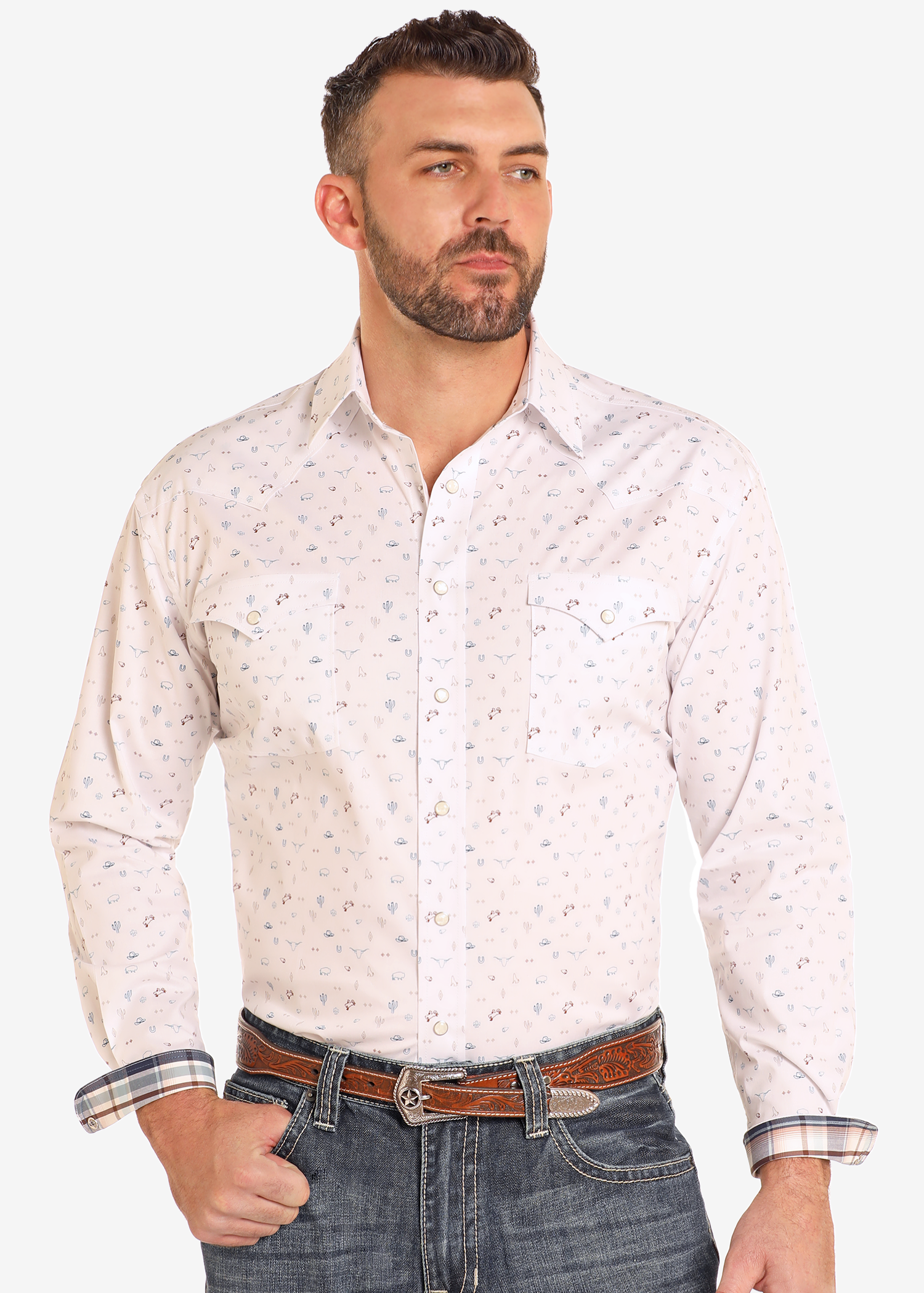 Rough Stock Western Print Long Sleeve Snap Shirt