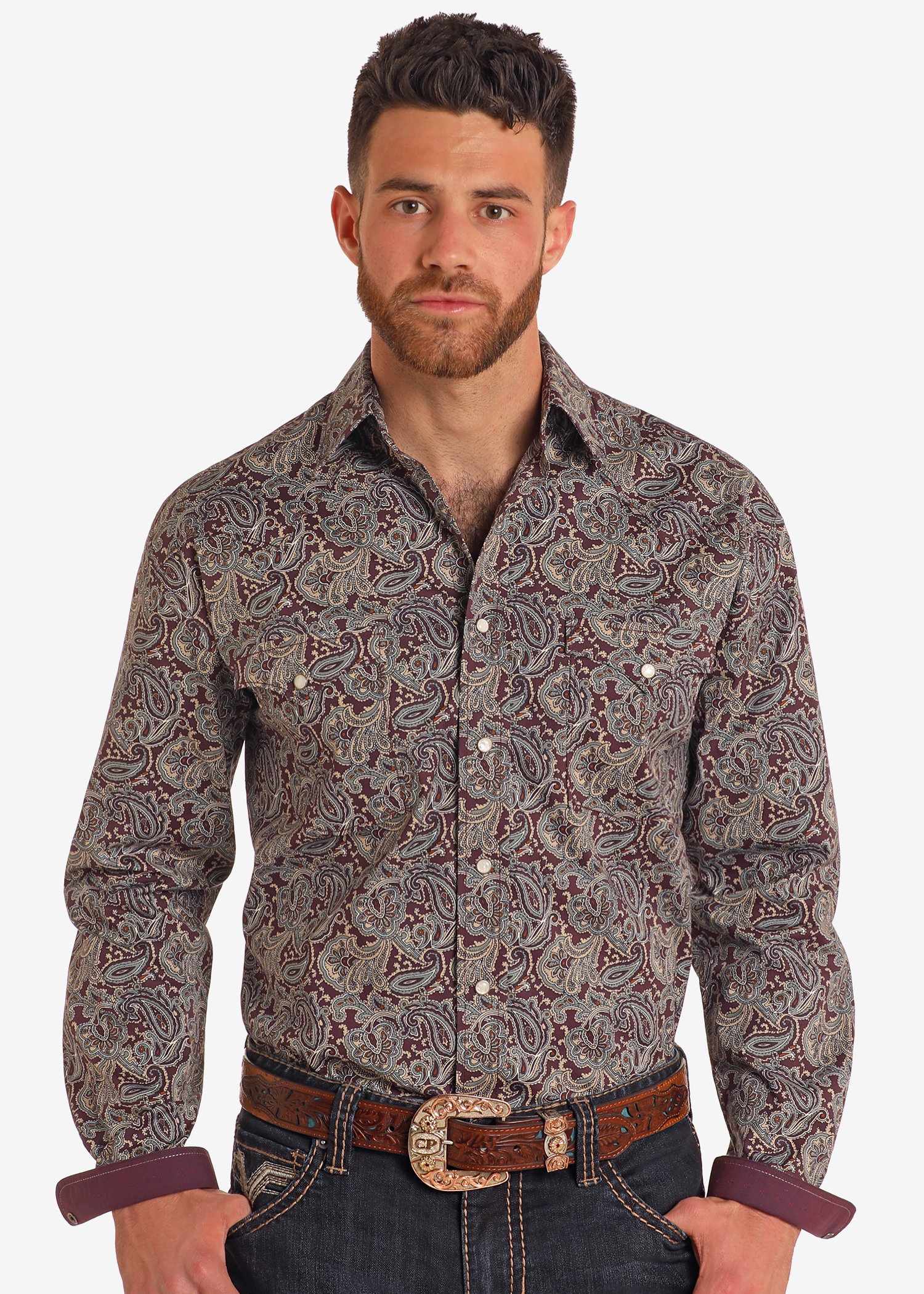 Rough Stock Dark Orchid Paisley Long Sleeve Snap Shirt