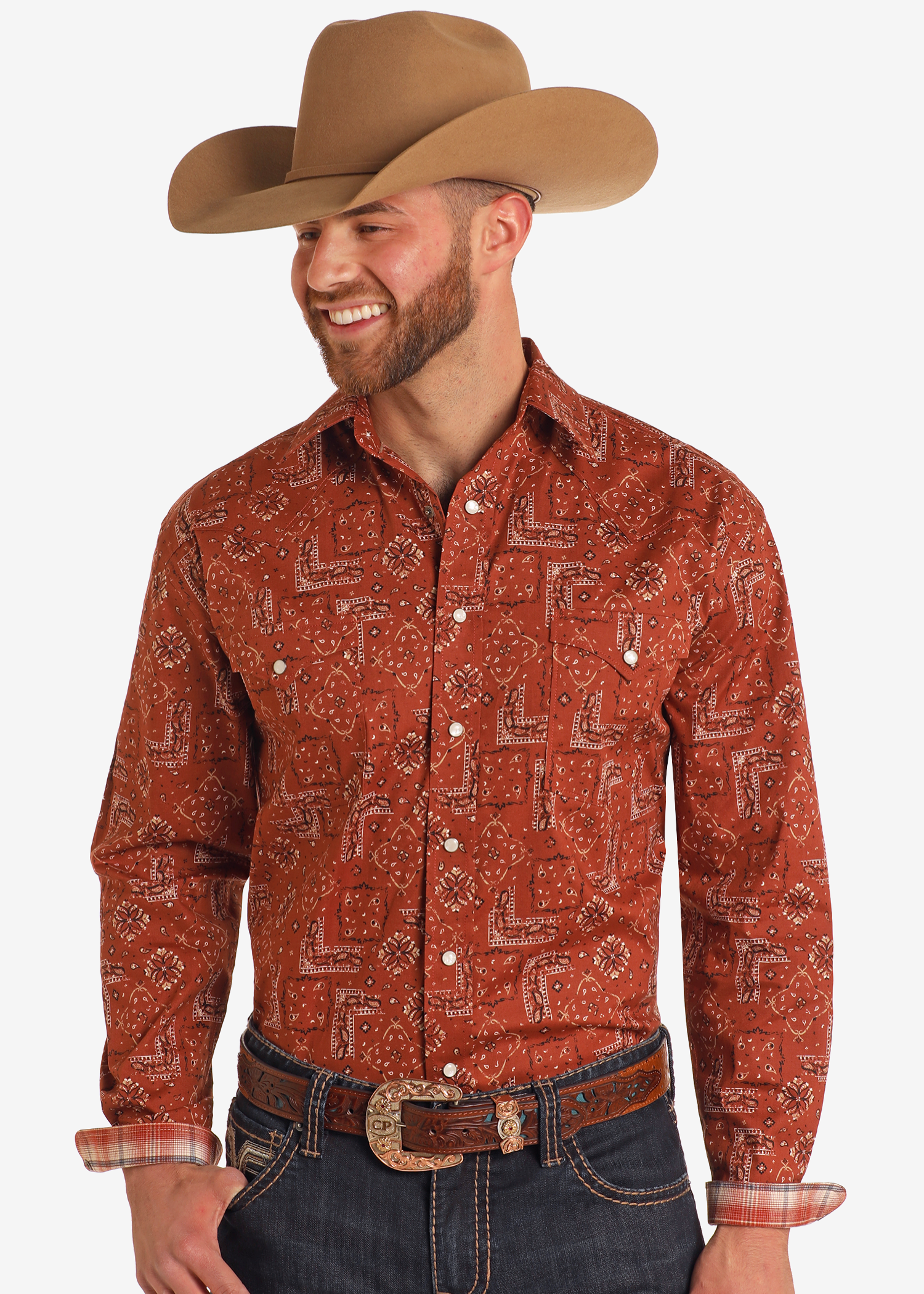 Rough Stock Bandana Print Long Sleeve Snap Shirt