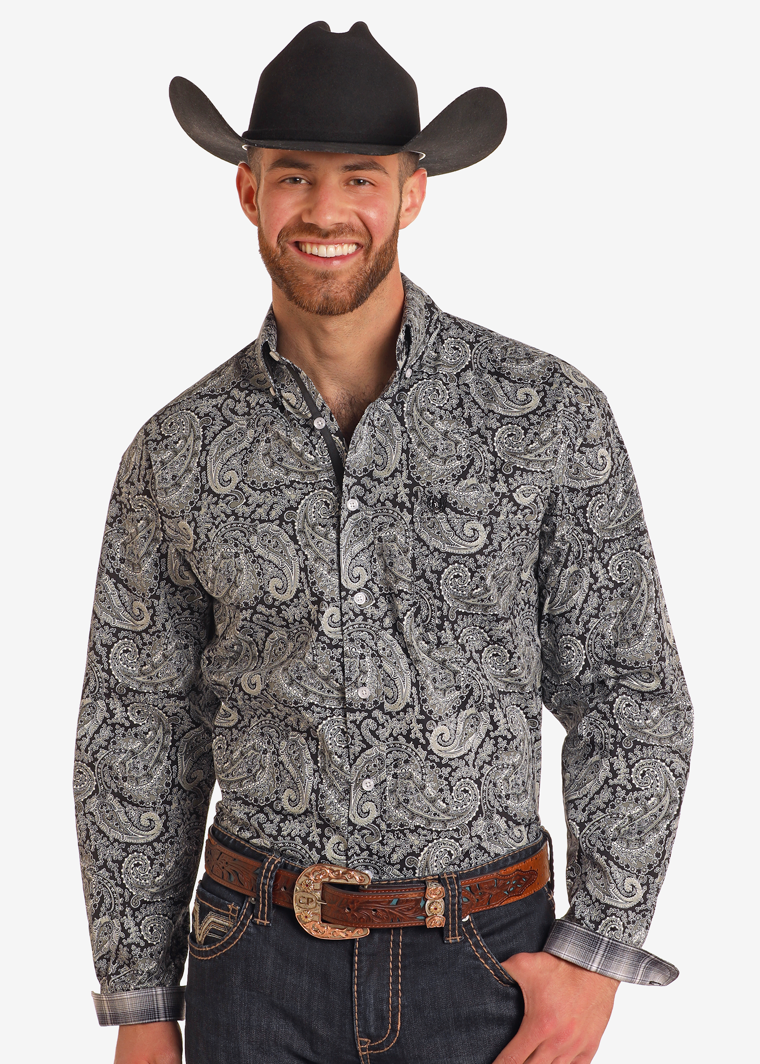 Rough Stock Black Paisley Long Sleeve Button Down Shirt