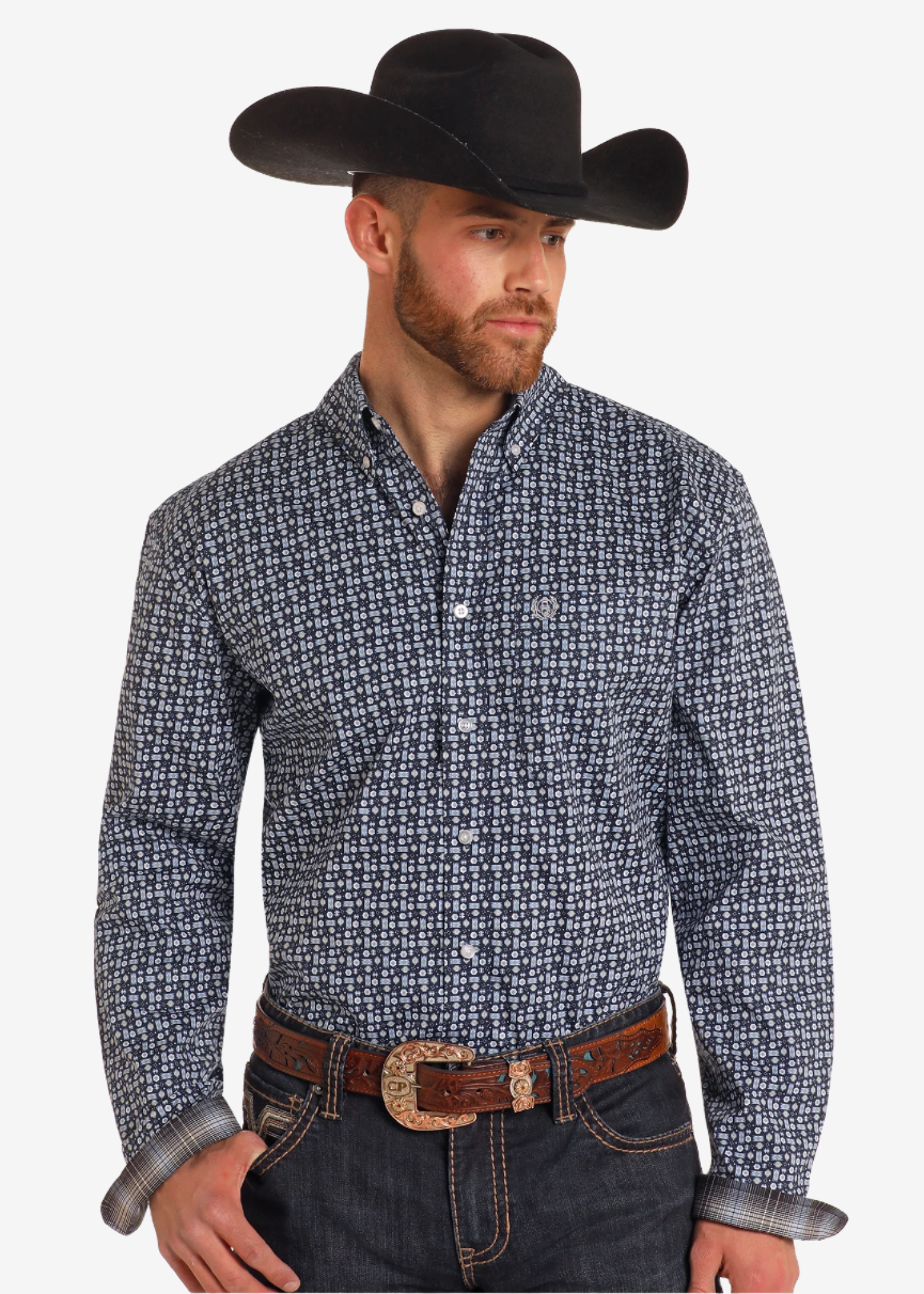 Blue Geometric Long Sleeve Button Down Shirt