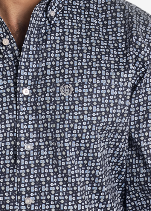 Blue Geometric Long Sleeve Button Down Shirt