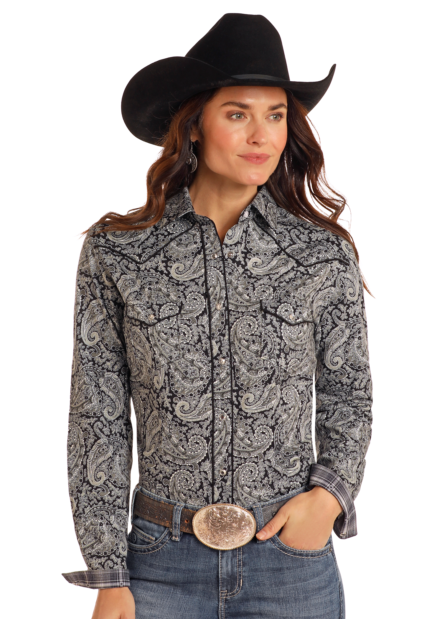 Rough Stock Black Paisley Long Sleeve Snap Shirt